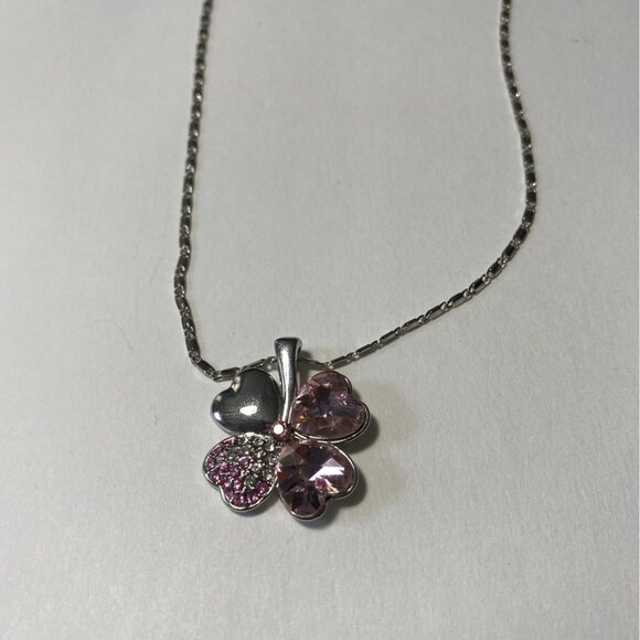 Austrian Crystal Clover Hearts Necklace W/ Swarovski Elements Pink Pendant 16in - Picture 3 of 5